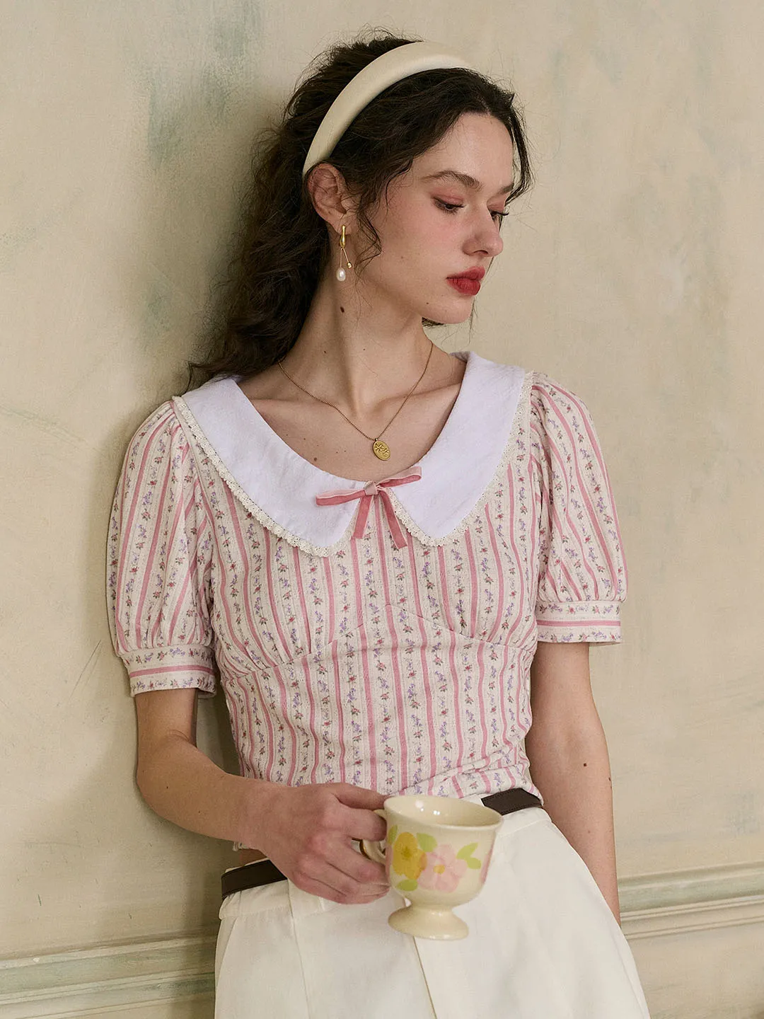 Meredith Lace Peter Pan Collar Bow Contrast Rose Floral Print Striped Knit Blouse