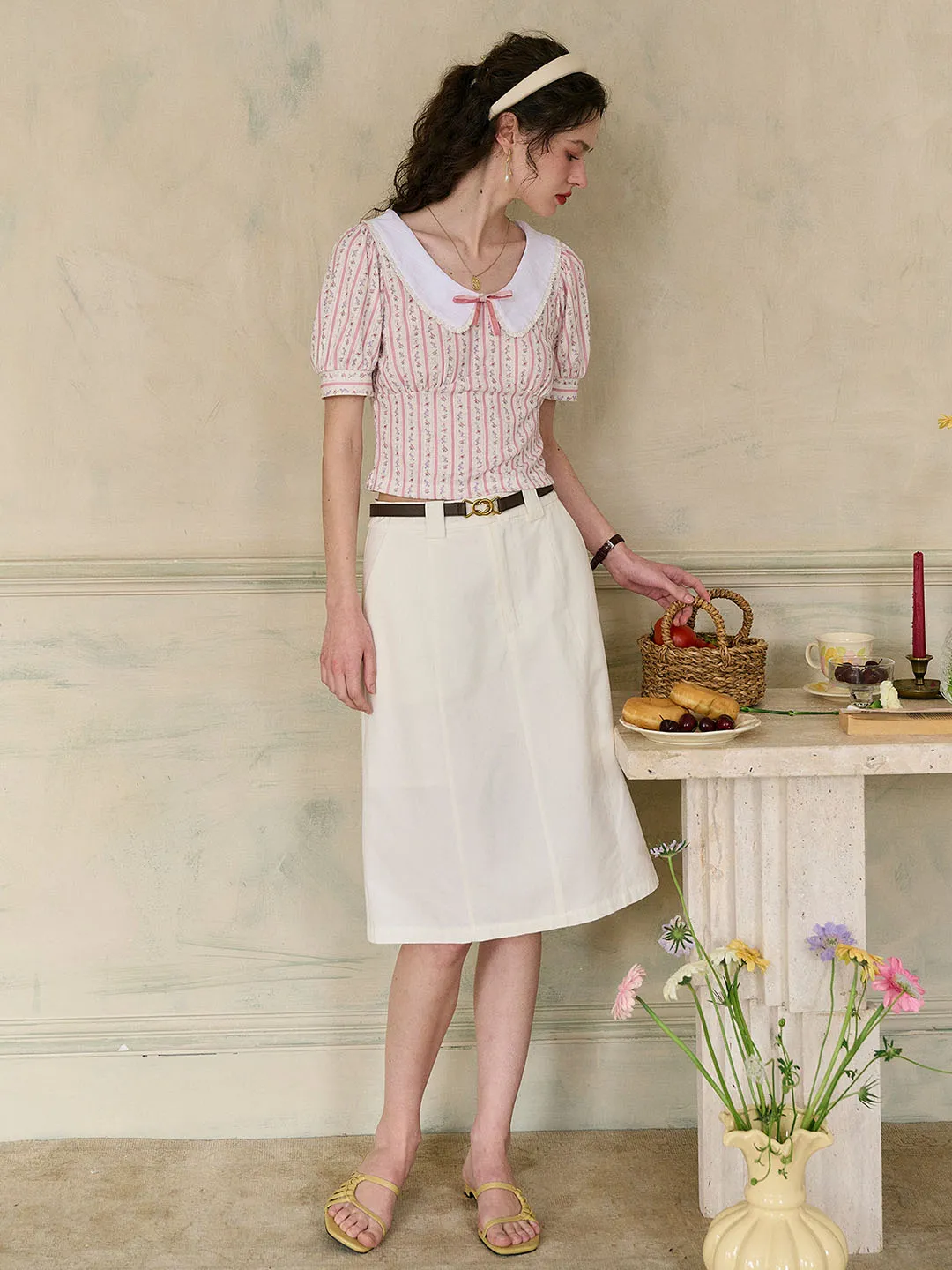 Meredith Lace Peter Pan Collar Bow Contrast Rose Floral Print Striped Knit Blouse