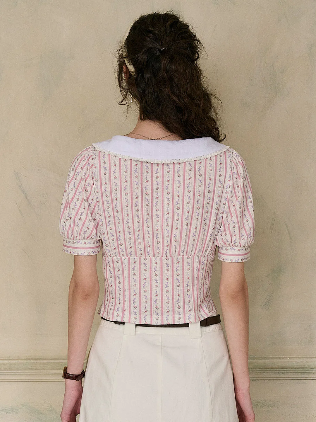 Meredith Lace Peter Pan Collar Bow Contrast Rose Floral Print Striped Knit Blouse