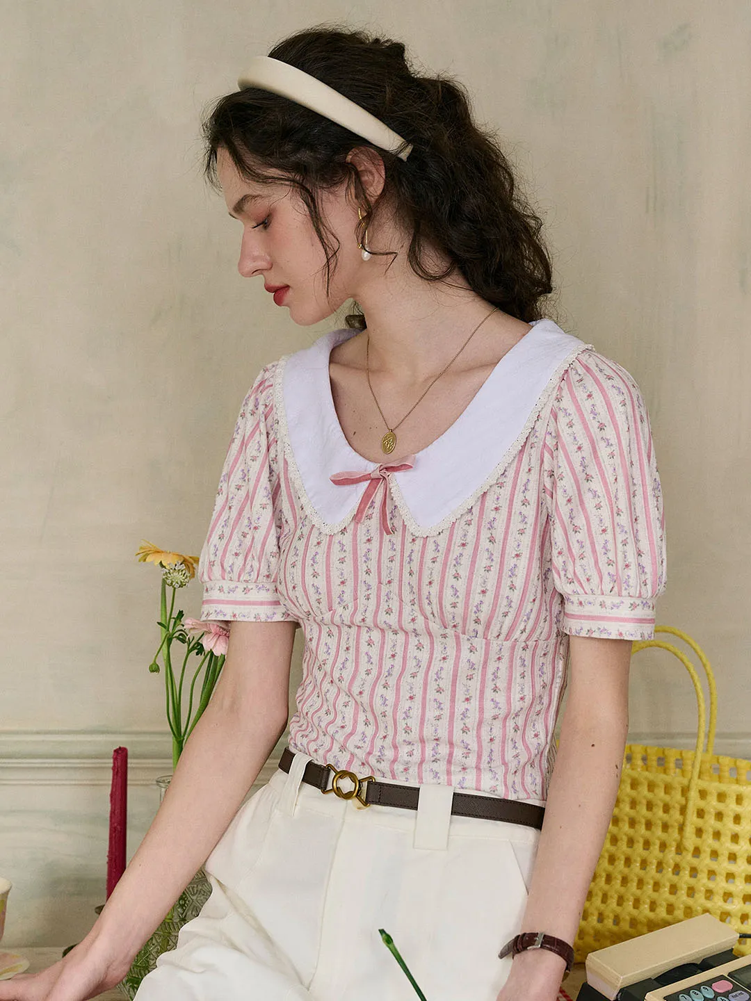 Meredith Lace Peter Pan Collar Bow Contrast Rose Floral Print Striped Knit Blouse
