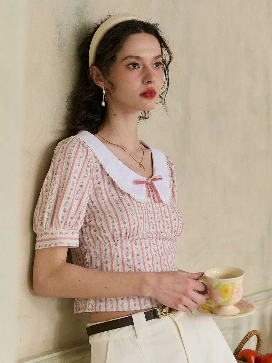 Meredith Lace Peter Pan Collar Bow Contrast Rose Floral Print Striped Knit Blouse