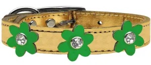 Metallic Flower Leather Collar Gold With Metallic Emerald Green Flowers Size 26