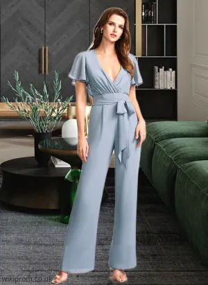 Michaelia Jumpsuit/Pantsuit V-neck Floor-Length Bridesmaid Dress With Ruffle SWKP0012837