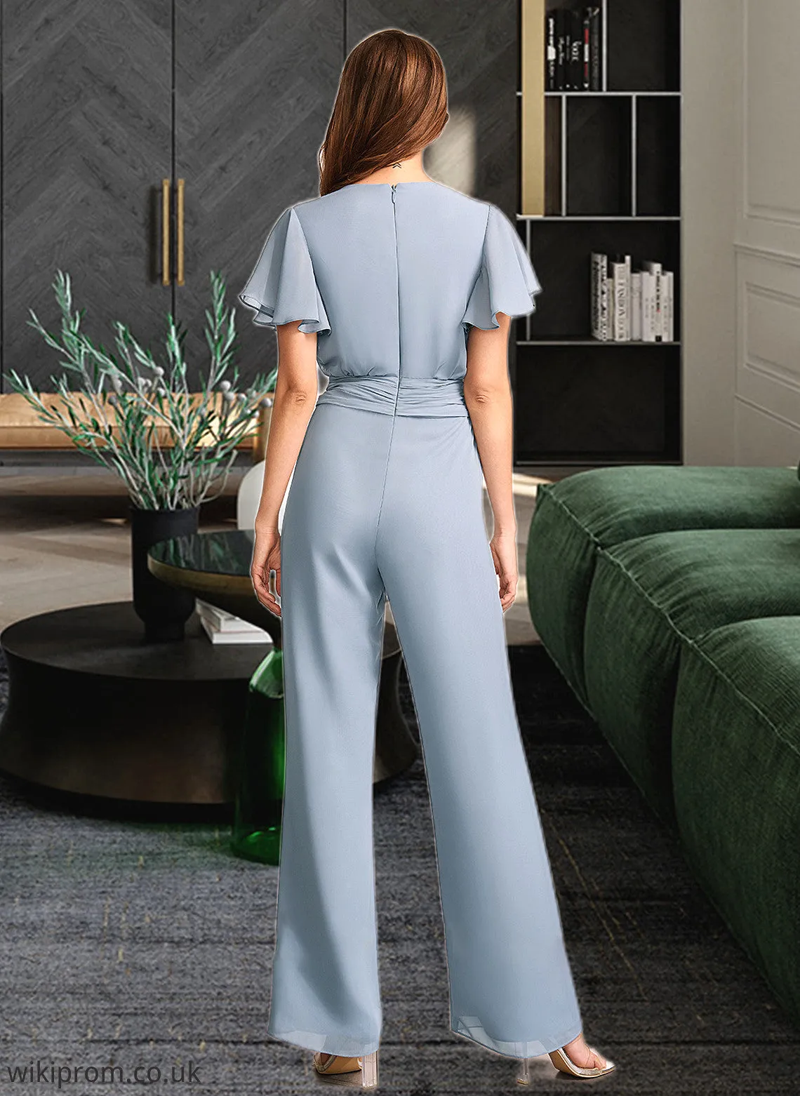 Michaelia Jumpsuit/Pantsuit V-neck Floor-Length Bridesmaid Dress With Ruffle SWKP0012837