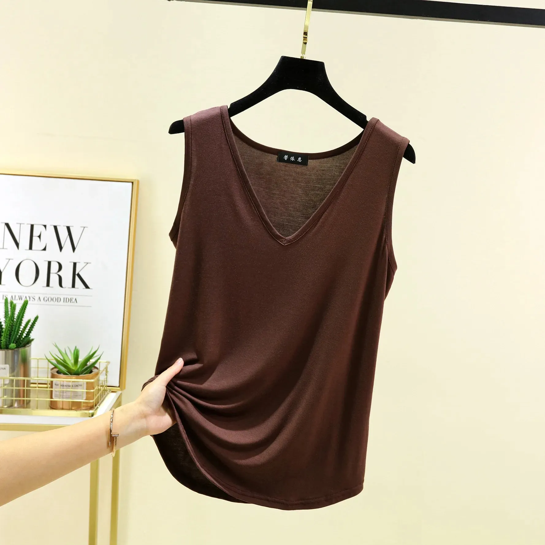 Modal V-Neck Tank Tops Loose Casual T-shirts Sleeveless Solid color Summer women Thin Tee Tops Bottoming Top Homewear clothing