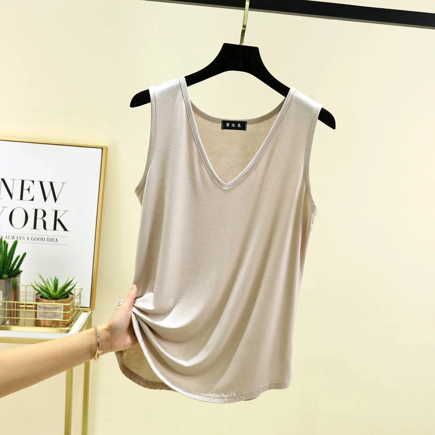 Modal V-Neck Tank Tops Loose Casual T-shirts Sleeveless Solid color Summer women Thin Tee Tops Bottoming Top Homewear clothing