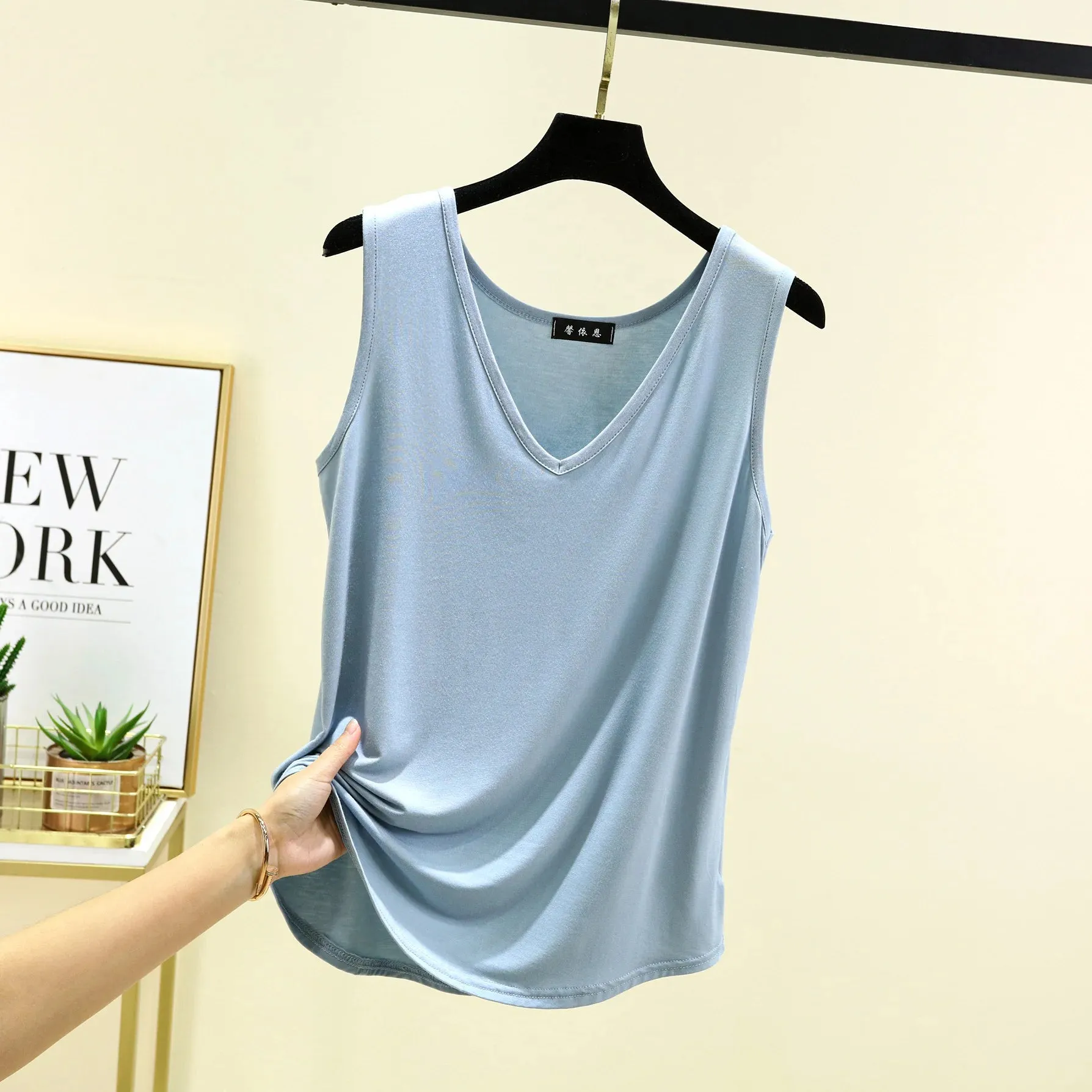 Modal V-Neck Tank Tops Loose Casual T-shirts Sleeveless Solid color Summer women Thin Tee Tops Bottoming Top Homewear clothing