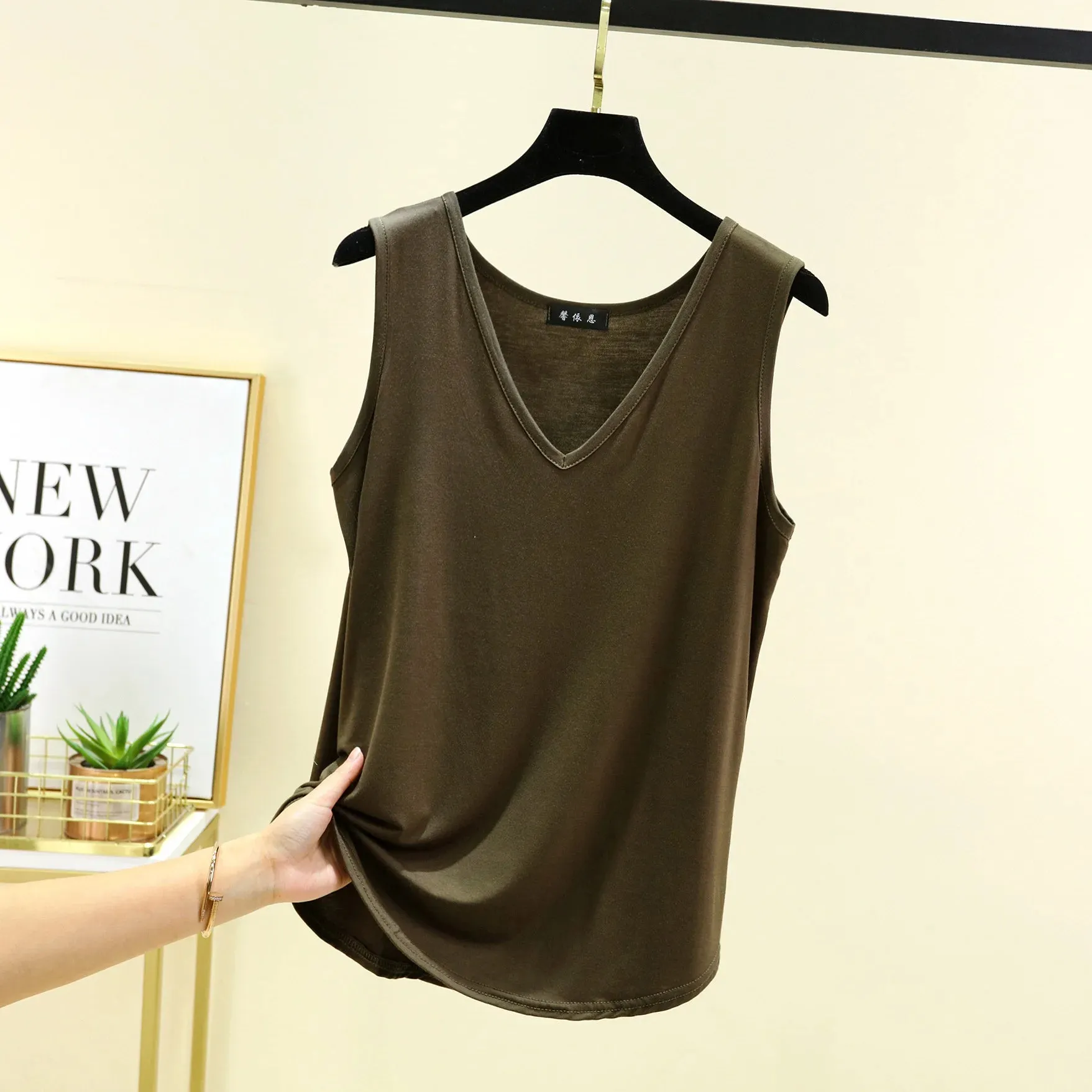 Modal V-Neck Tank Tops Loose Casual T-shirts Sleeveless Solid color Summer women Thin Tee Tops Bottoming Top Homewear clothing