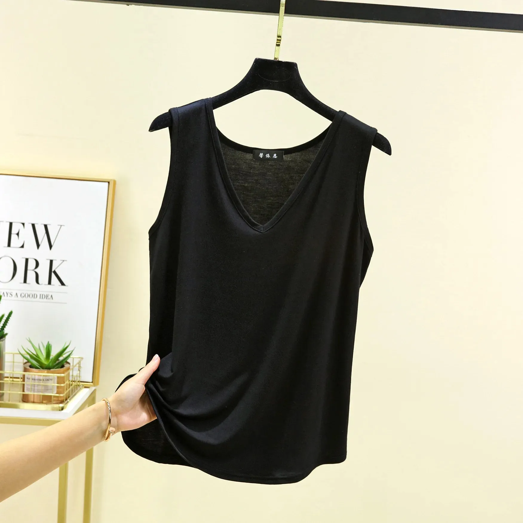 Modal V-Neck Tank Tops Loose Casual T-shirts Sleeveless Solid color Summer women Thin Tee Tops Bottoming Top Homewear clothing