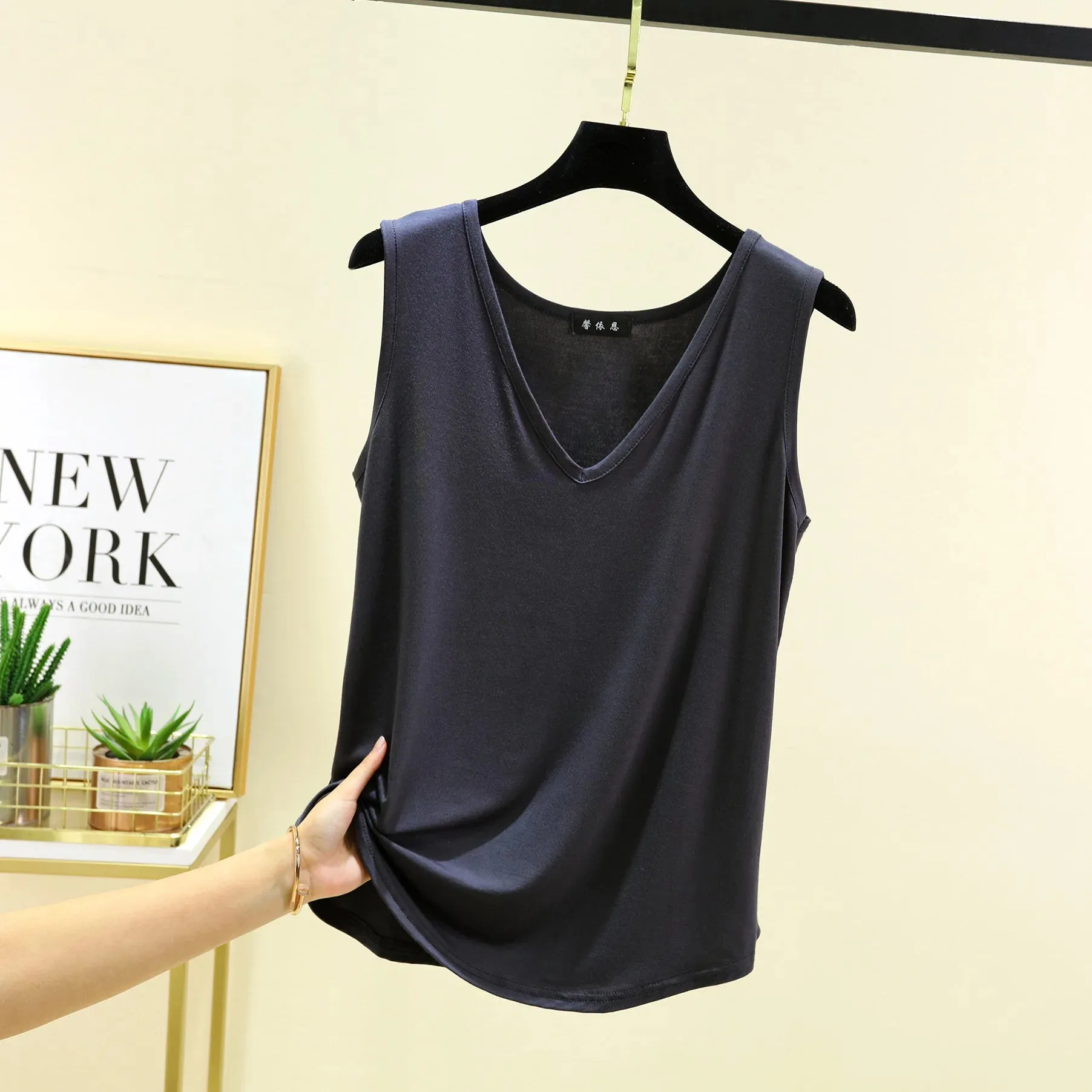 Modal V-Neck Tank Tops Loose Casual T-shirts Sleeveless Solid color Summer women Thin Tee Tops Bottoming Top Homewear clothing