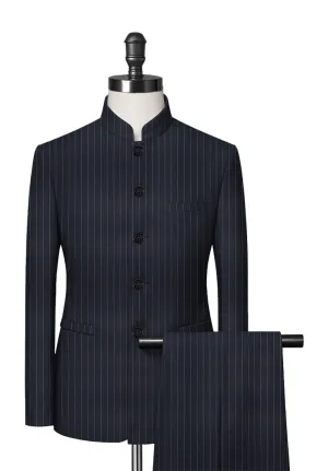 Navy Blue Chalk Stripe Mandarin Collar Suit