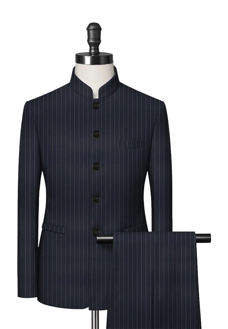 Navy Blue Chalk Stripe Mandarin Collar Suit