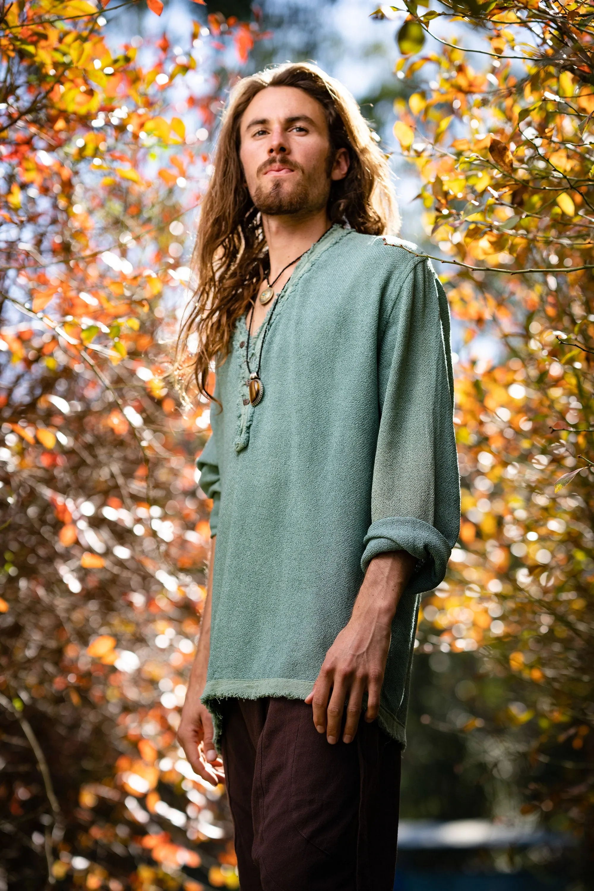 NEO Matrix Mens Brown Long Sleeve Top Handmade Apocalyptic Shirt Gypsy Earthy Rugged Tribal Nomadic Ethnic Festival Rave Primitive AJJAYA