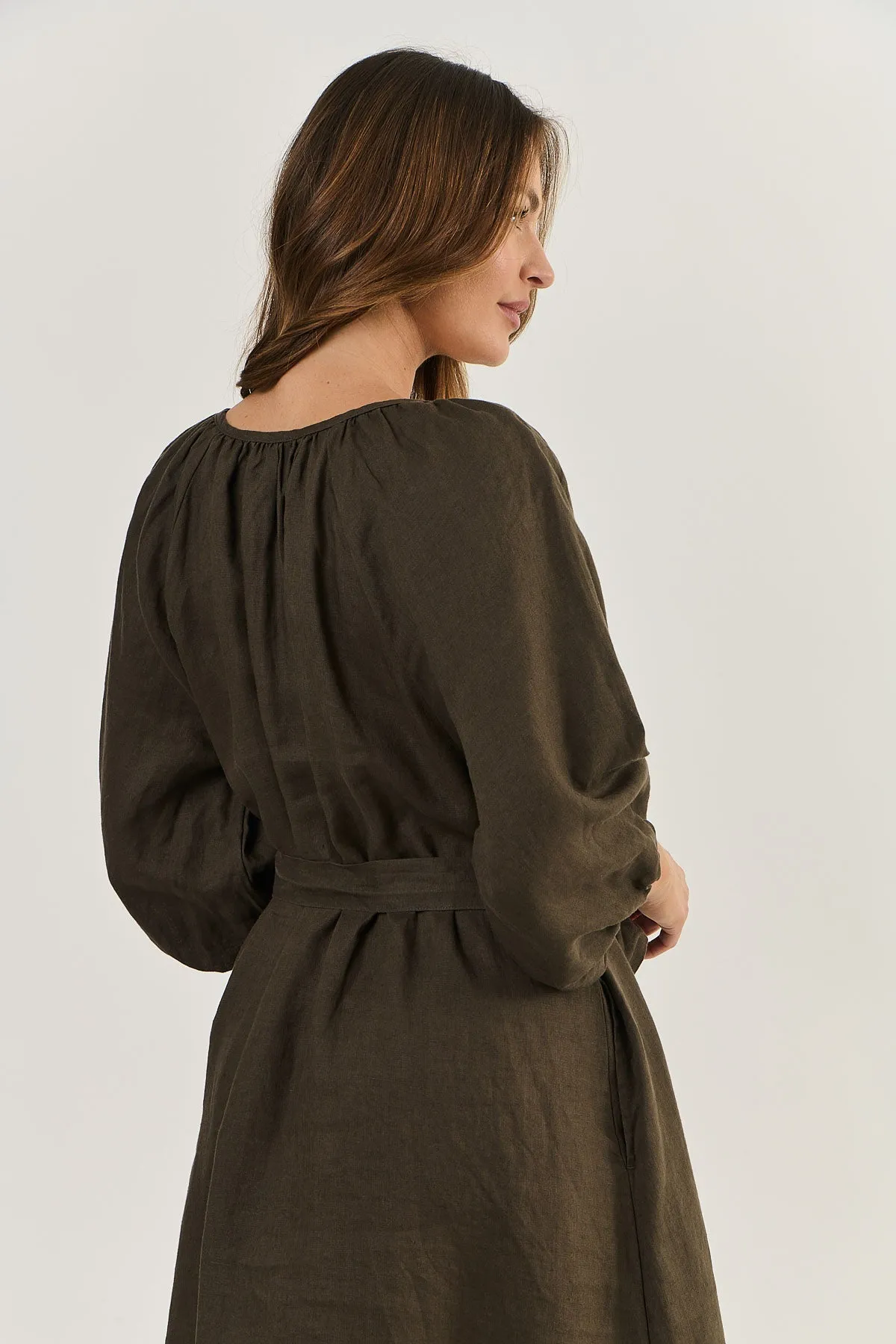 OLIVE ET JULIE Linen Midi Dress ESPRESSO
