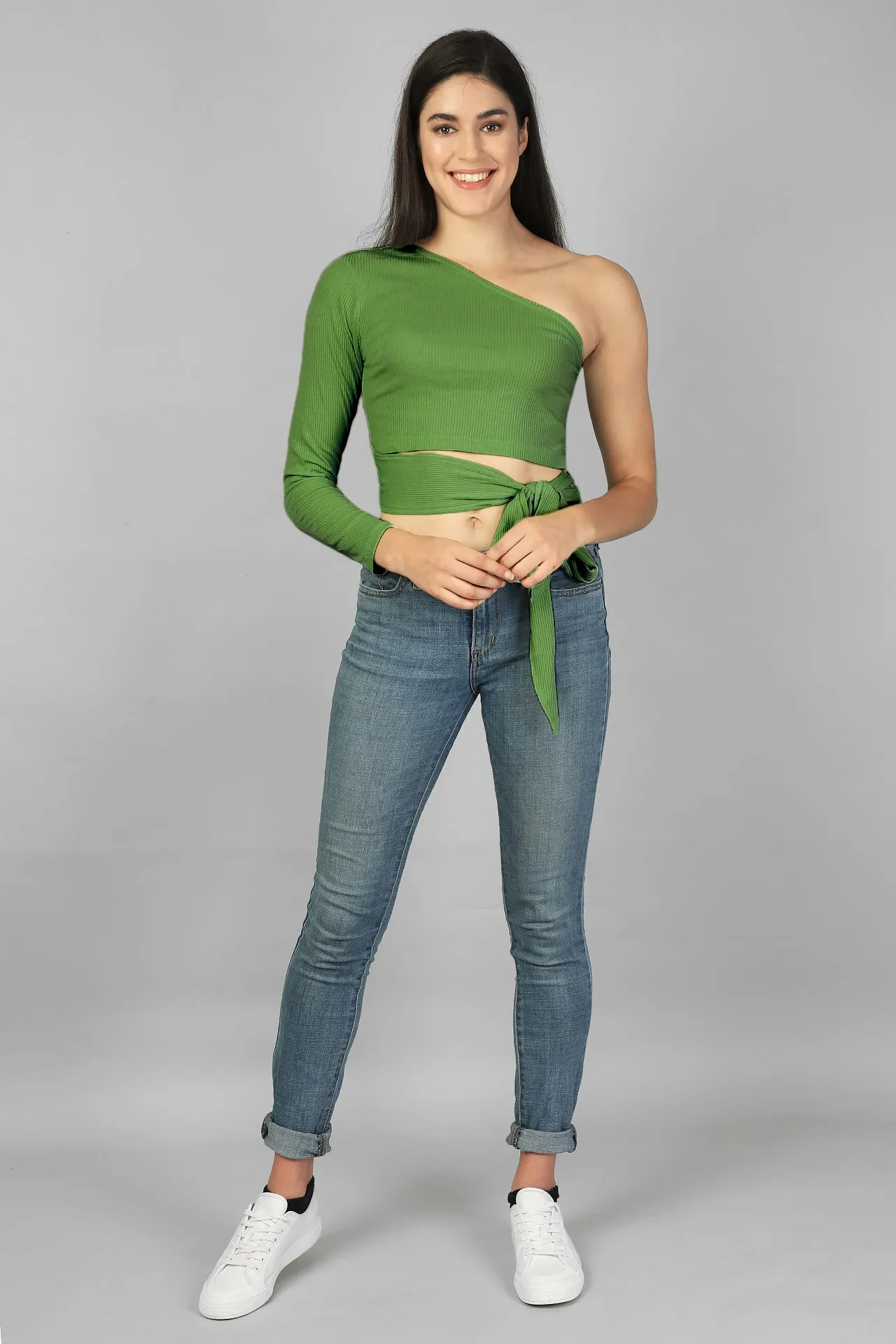 ONE SHOULDER WAIST TIE-UP RIBBED CROPPED TOP