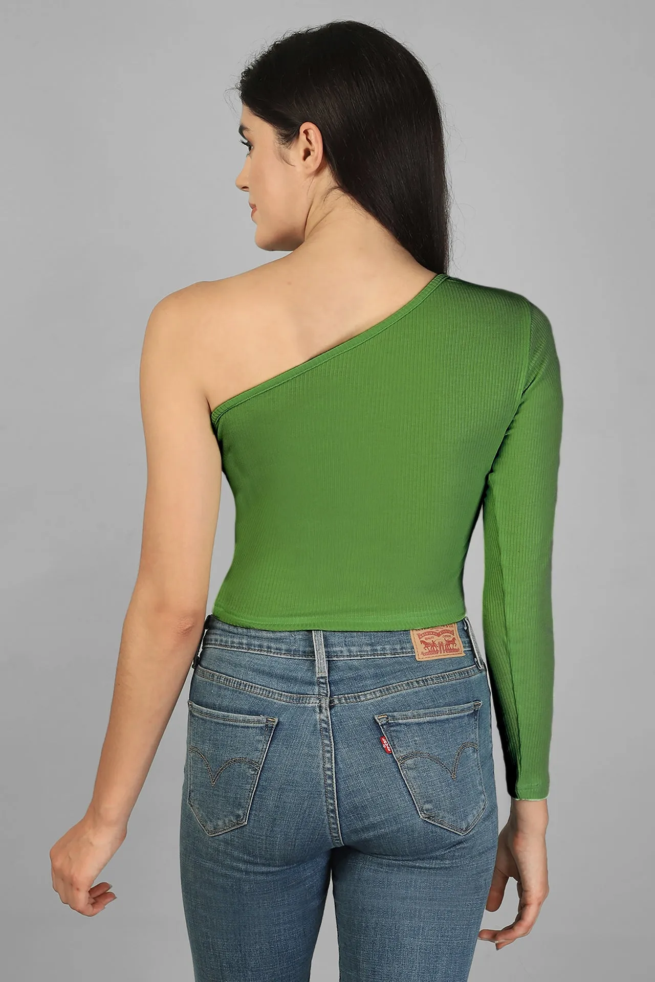 ONE SHOULDER WAIST TIE-UP RIBBED CROPPED TOP
