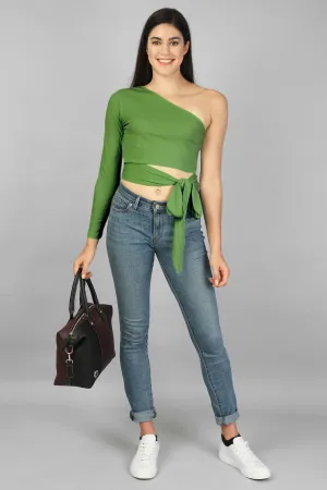ONE SHOULDER WAIST TIE-UP RIBBED CROPPED TOP