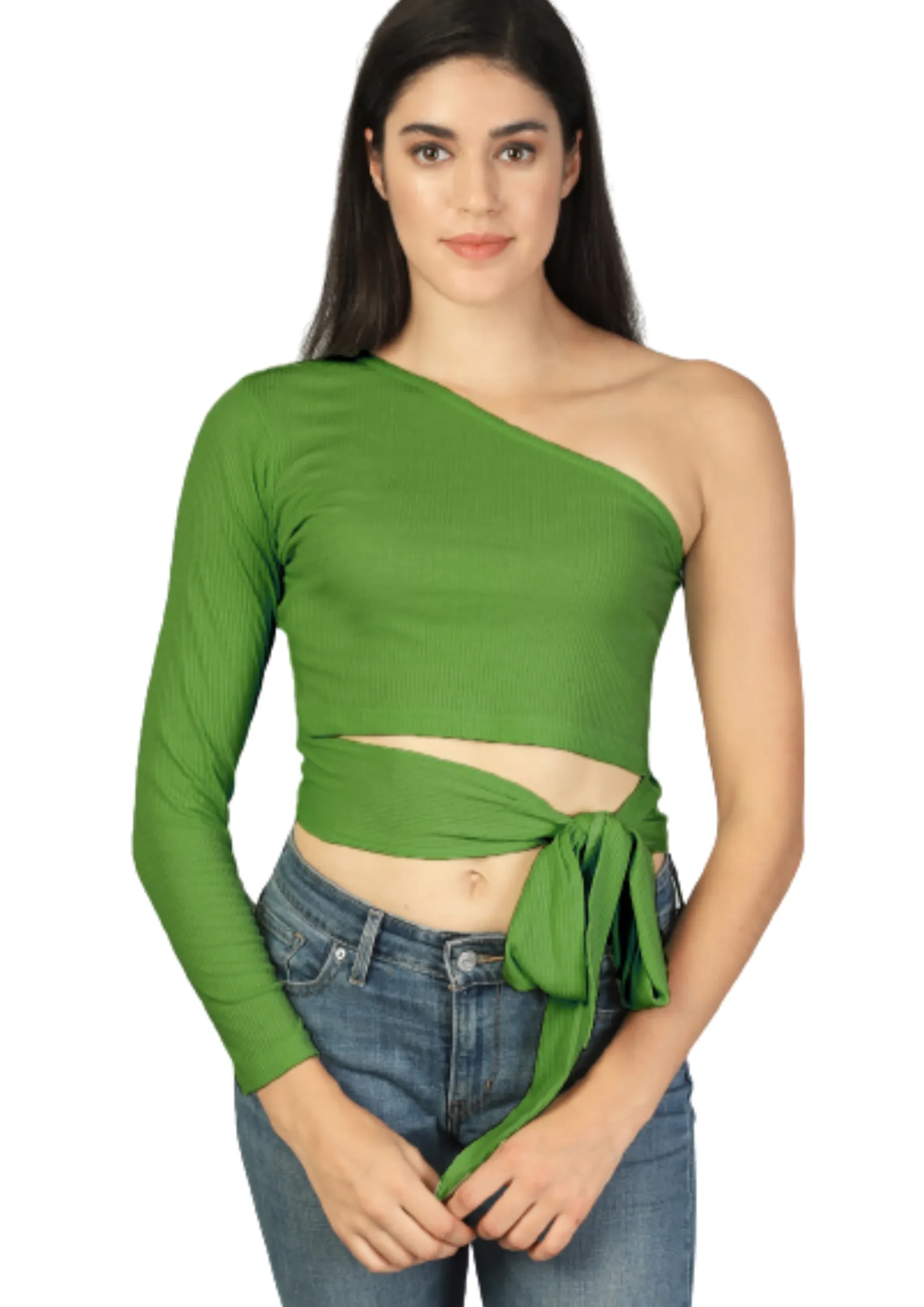ONE SHOULDER WAIST TIE-UP RIBBED CROPPED TOP