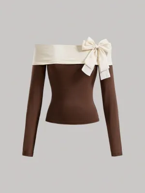 Parien Brown Block Bow Decorated Off Shoulder Top