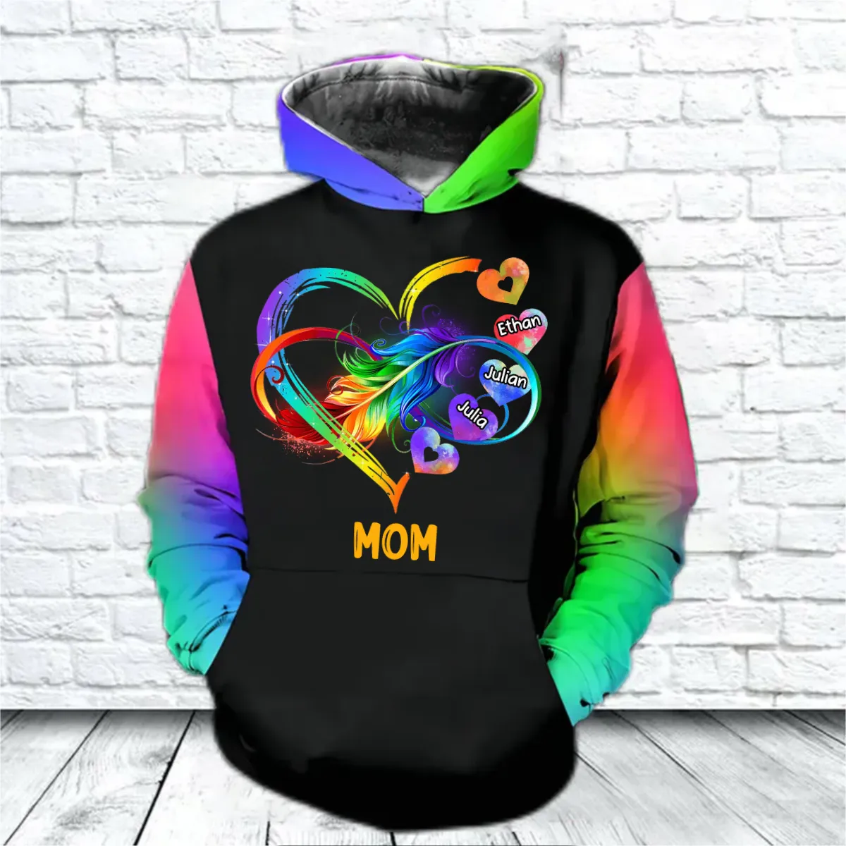 Personalized Grandma Grandkids Infinity Love Rainbow Hoodie, 3D All Over Print Family Hoodie, Custom Hoodie For Mom