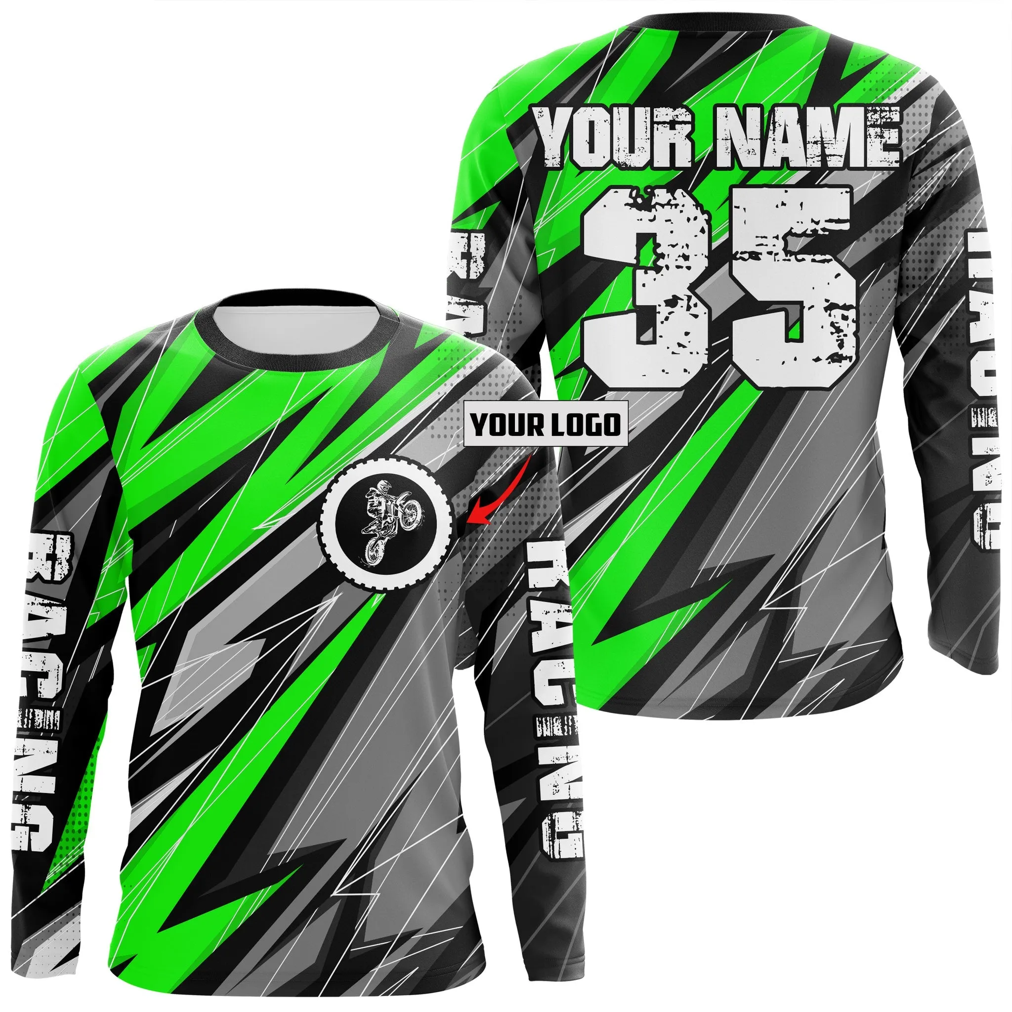 Personalized Motocross 3D Long Sleeve Green Men Dirt Bike Shirt Custom Logo MX Off-Road Jersey