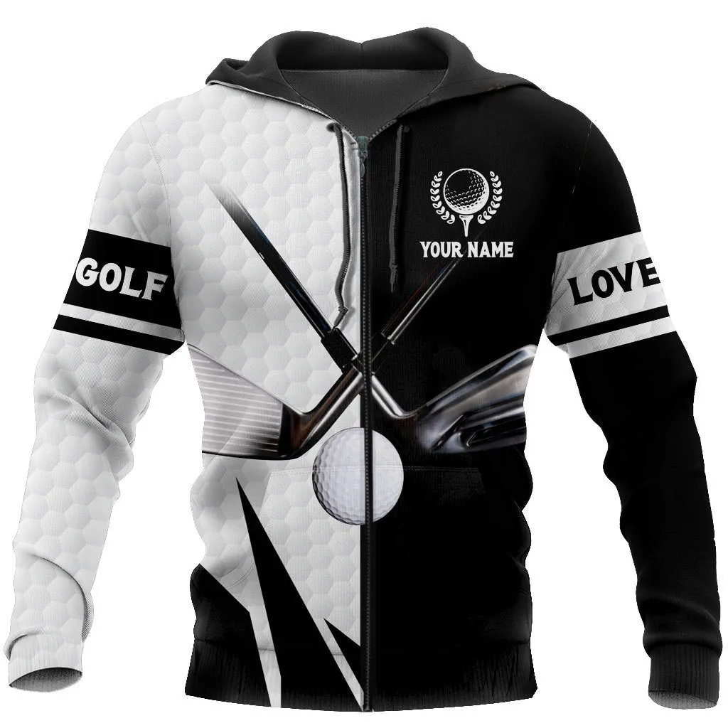 Personalized Name Black and White Love Golf Pattern 3D Sweatshirt Hoodie, Christmas Shirt for Golfer