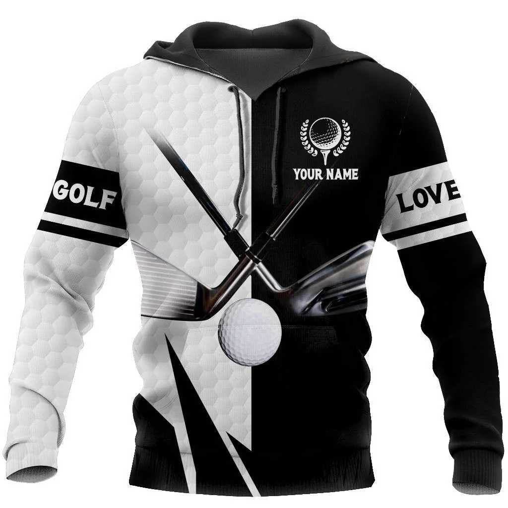Personalized Name Black and White Love Golf Pattern 3D Sweatshirt Hoodie, Christmas Shirt for Golfer