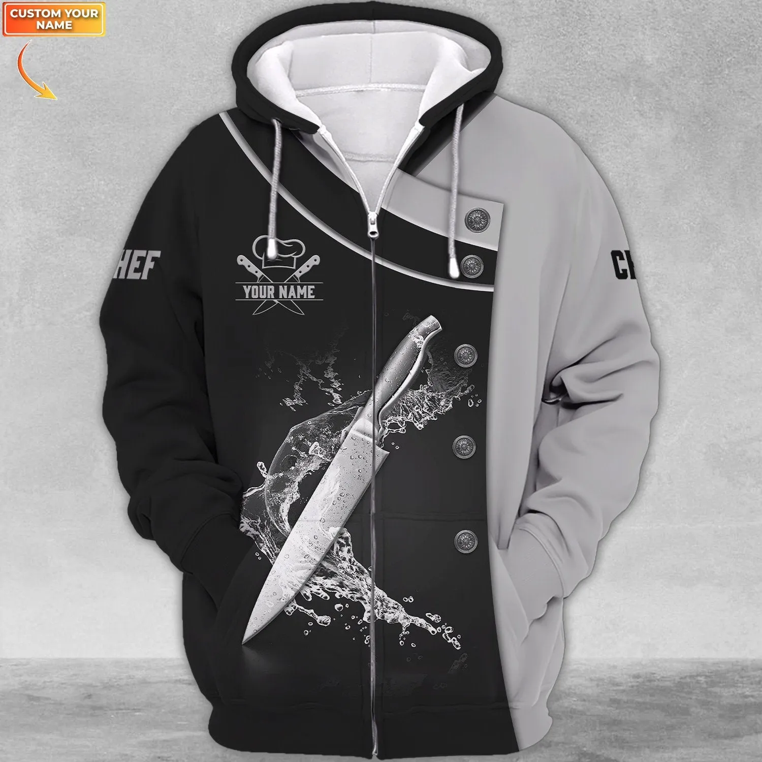 Personalized Name Chef Knife Water Chef 3D Full Printed Sweatshirt Zip Hoodies, Christmas Shirt for Chef