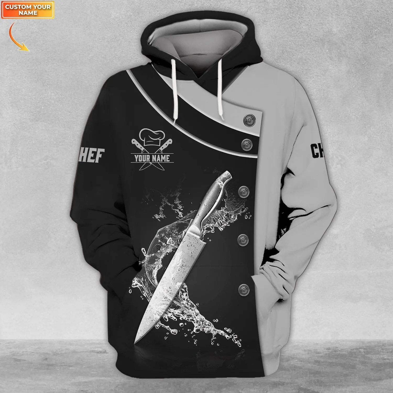Personalized Name Chef Knife Water Chef 3D Full Printed Sweatshirt Zip Hoodies, Christmas Shirt for Chef