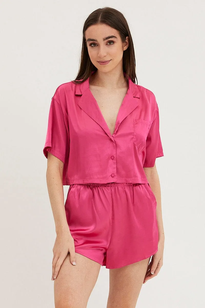 Pink Satin Pajamas Set Short Sleeve Crop