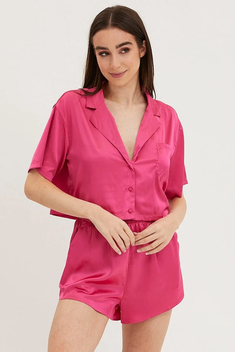 Pink Satin Pajamas Set Short Sleeve Crop