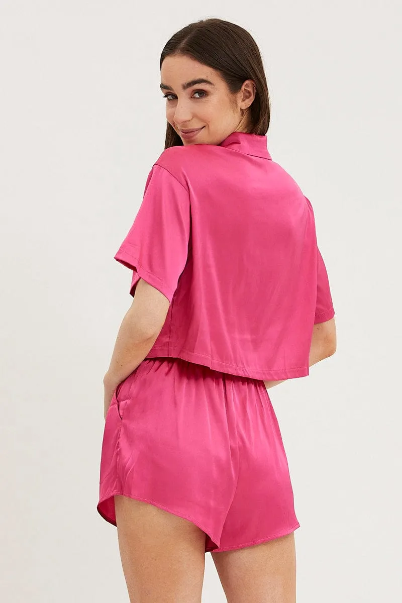 Pink Satin Pajamas Set Short Sleeve Crop