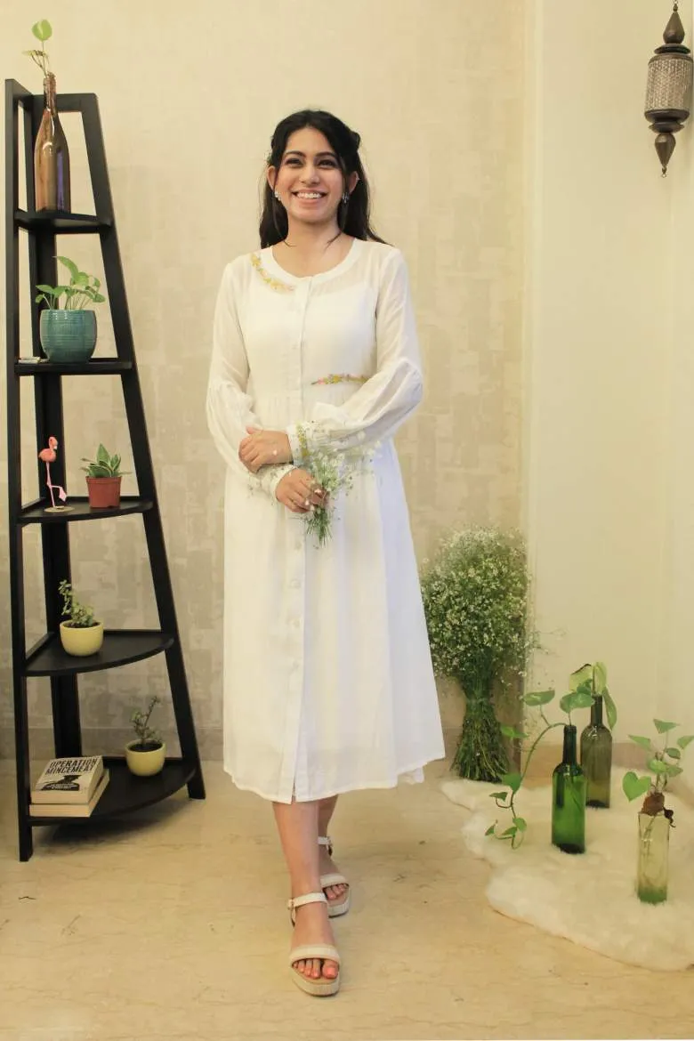 Romantic White Floral Embroidered Shirt Dress