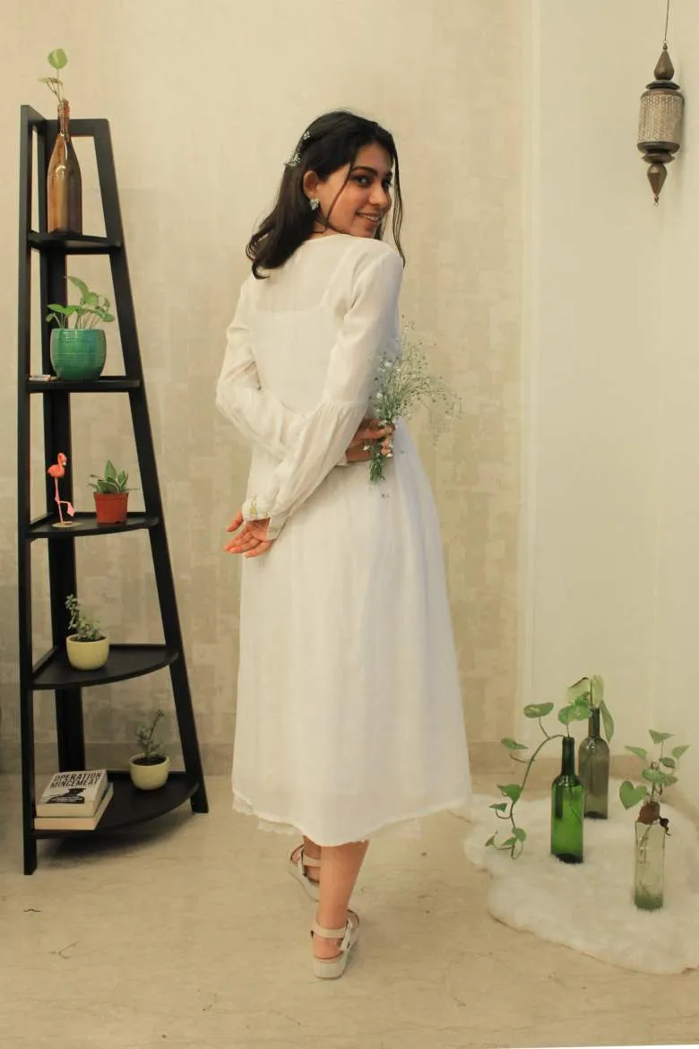 Romantic White Floral Embroidered Shirt Dress