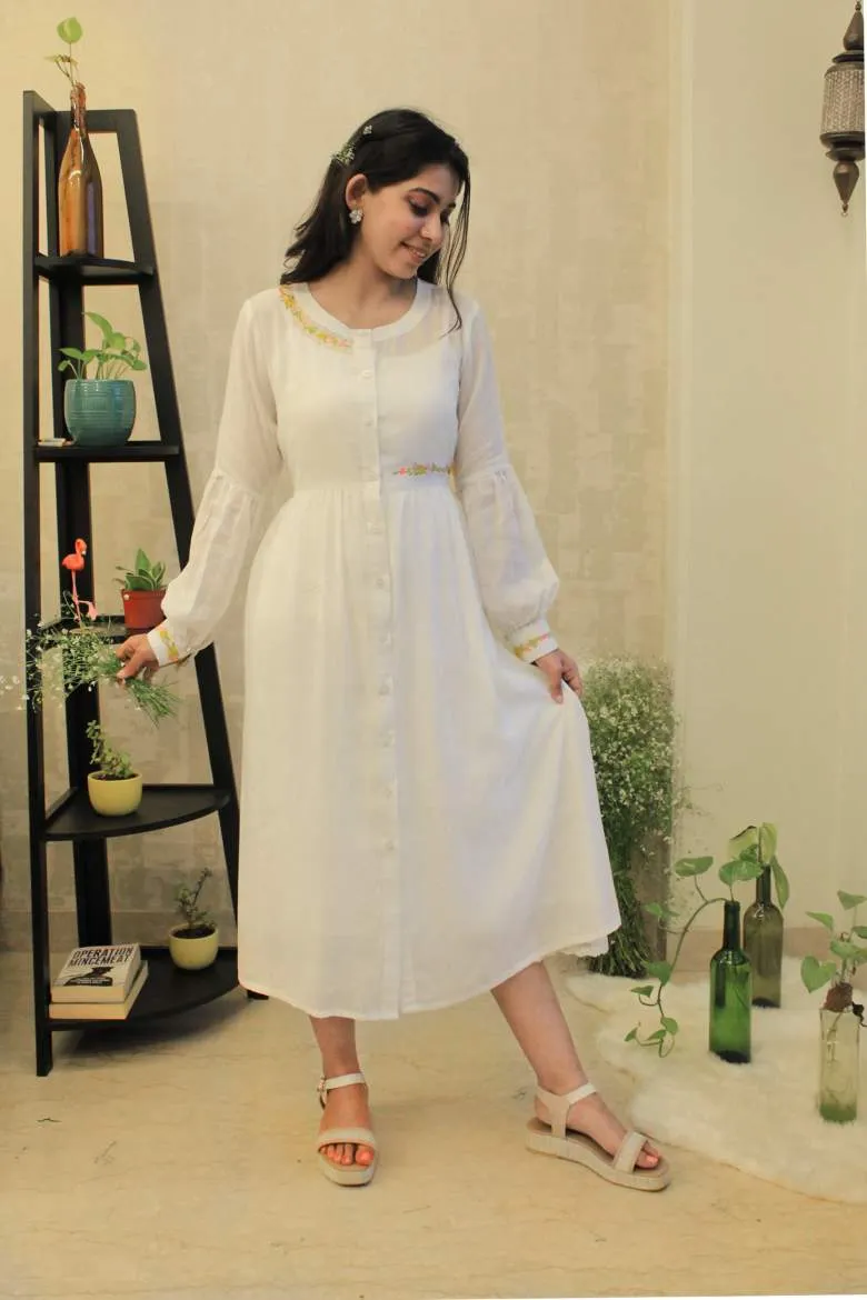 Romantic White Floral Embroidered Shirt Dress