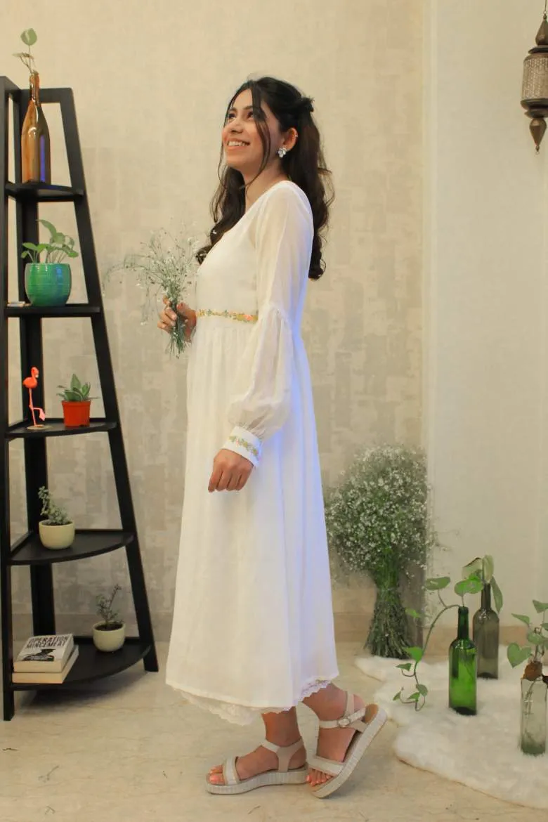 Romantic White Floral Embroidered Shirt Dress