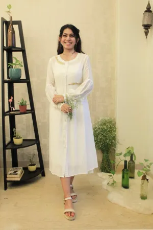 Romantic White Floral Embroidered Shirt Dress