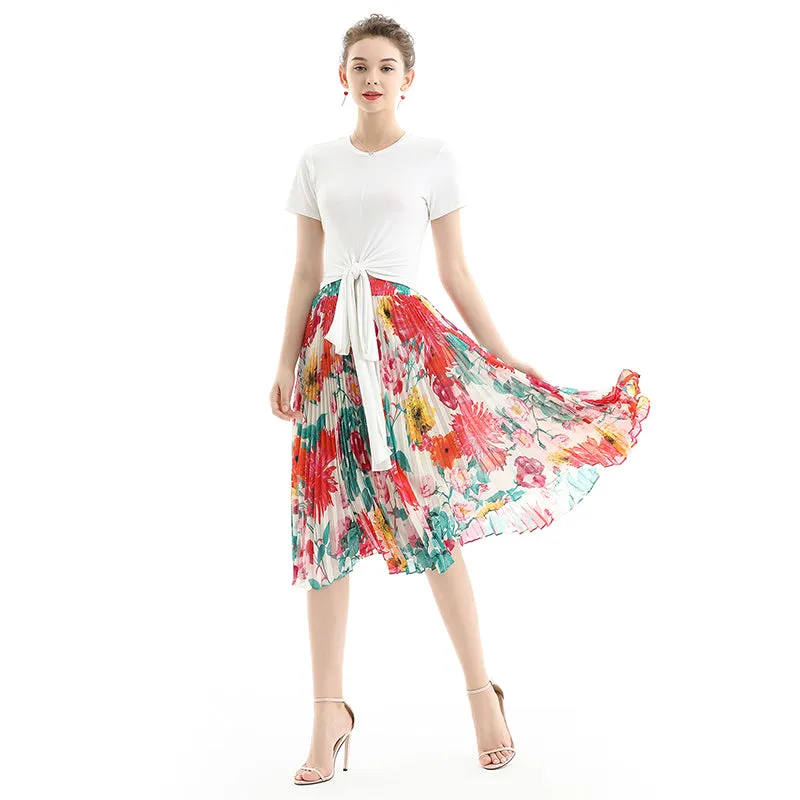 S076 Women floral print chiffon pleated casual midi skirt