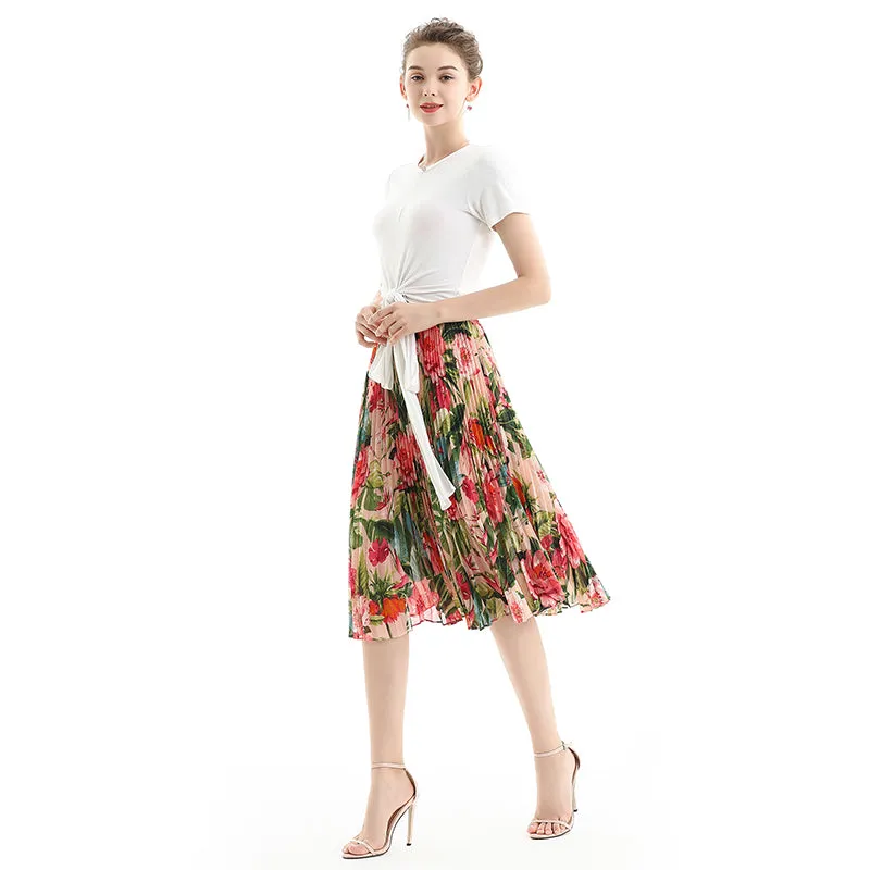 S076 Women floral print chiffon pleated casual midi skirt