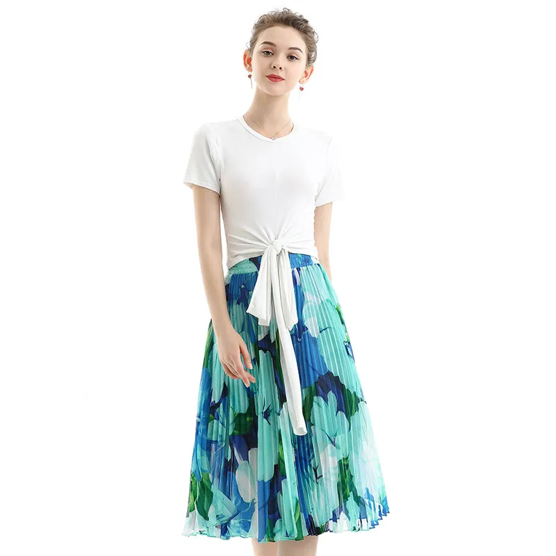 S076 Women floral print chiffon pleated casual midi skirt