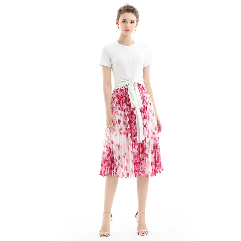 S076 Women floral print chiffon pleated casual midi skirt