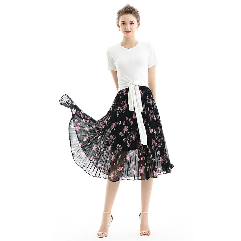 S076 Women floral print chiffon pleated casual midi skirt