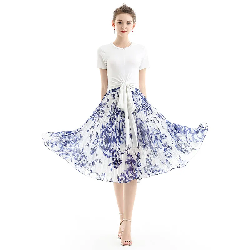 S076 Women floral print chiffon pleated casual midi skirt