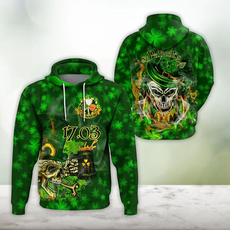 Saint Patrick's Day Skull 3D All Over Printed Hoodie Gift For Friends Birthday, Drink Beer Shirt