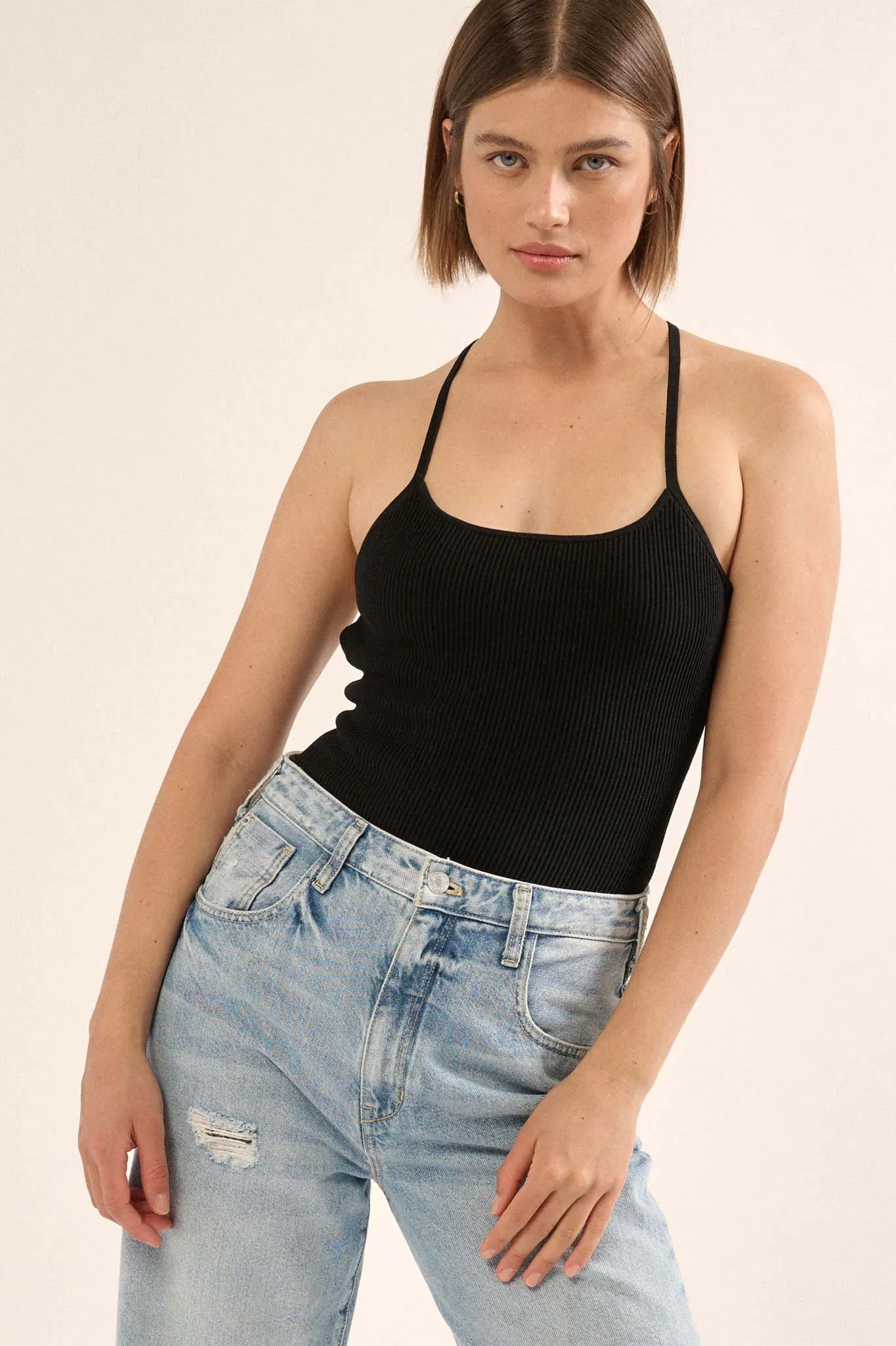 Shaper Fit Scoopneck Rib-Knit Open-Back Bodysuit