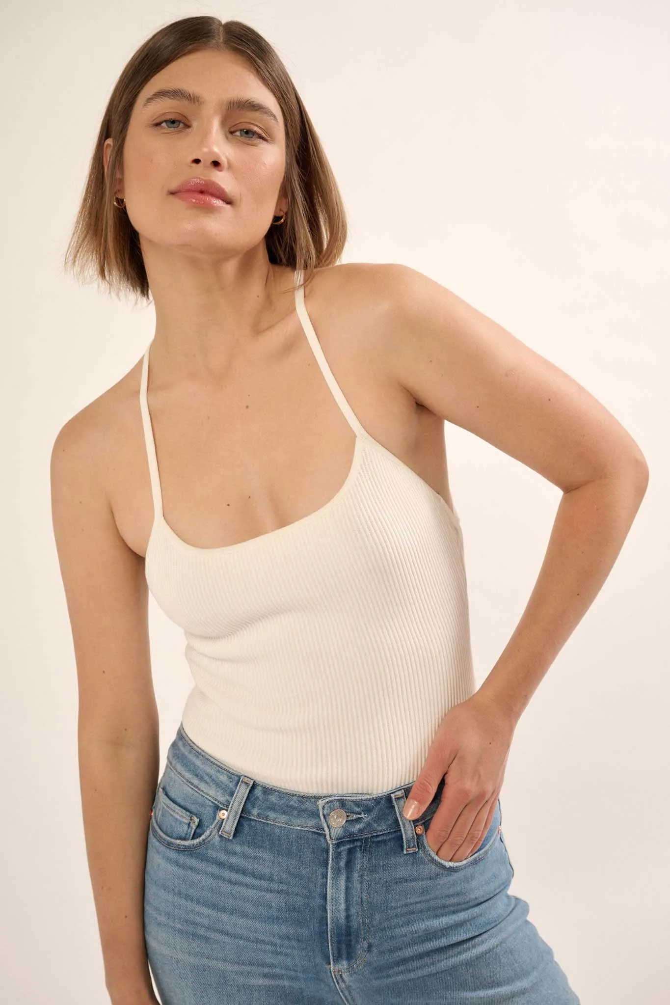 Shaper Fit Scoopneck Rib-Knit Open-Back Bodysuit