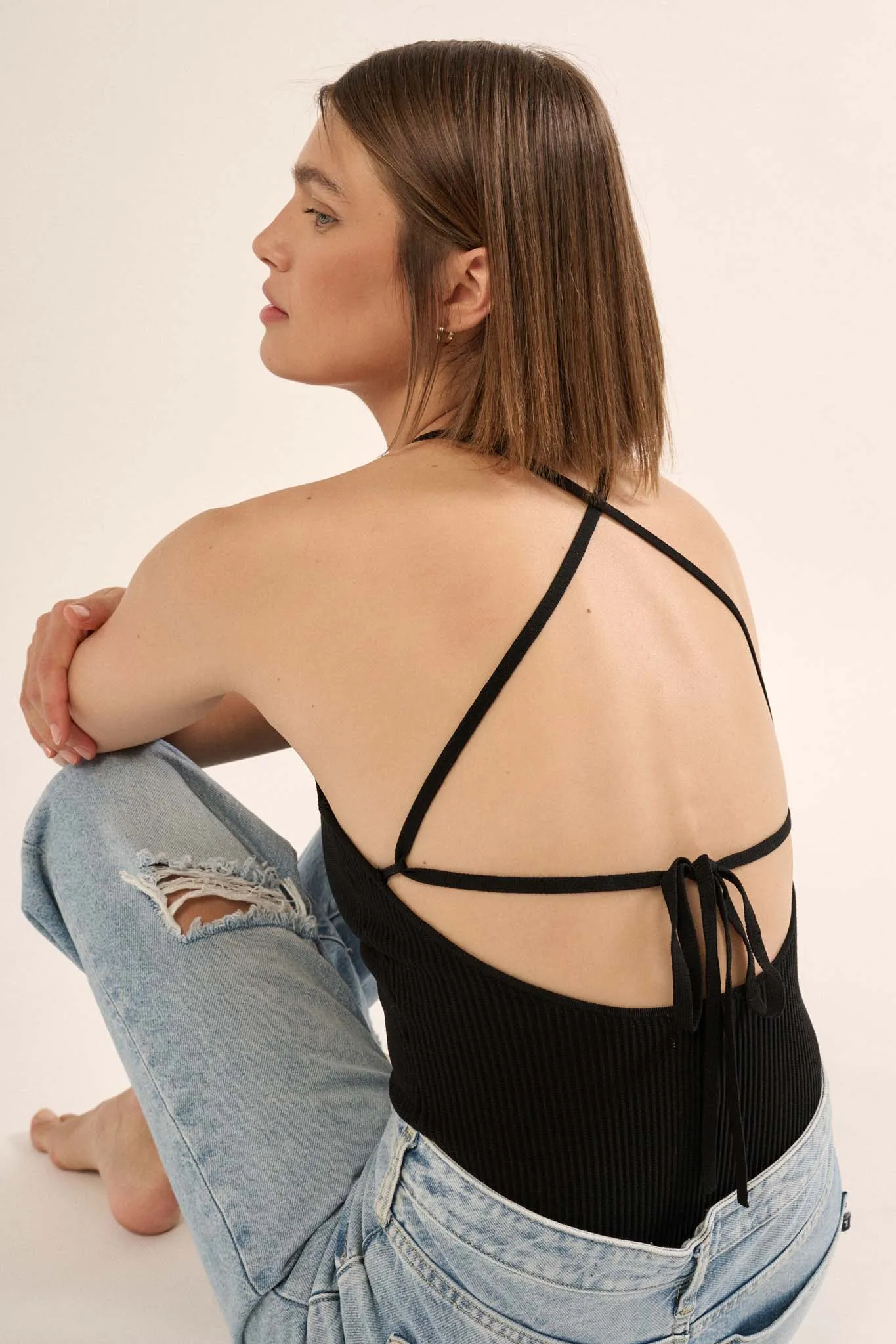 Shaper Fit Scoopneck Rib-Knit Open-Back Bodysuit