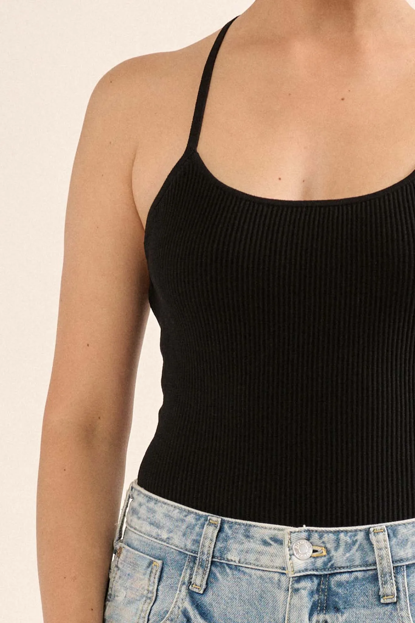 Shaper Fit Scoopneck Rib-Knit Open-Back Bodysuit