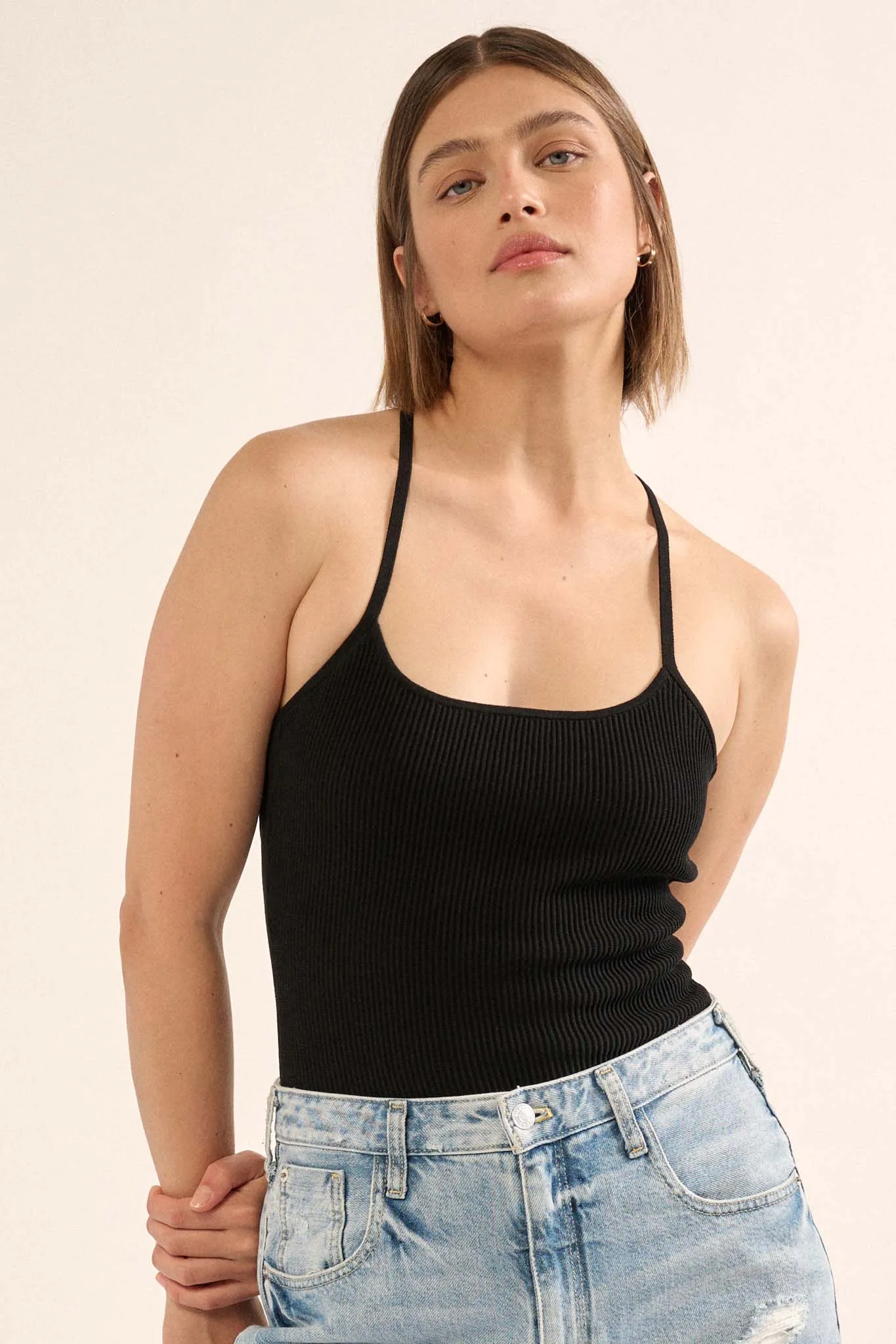 Shaper Fit Scoopneck Rib-Knit Open-Back Bodysuit