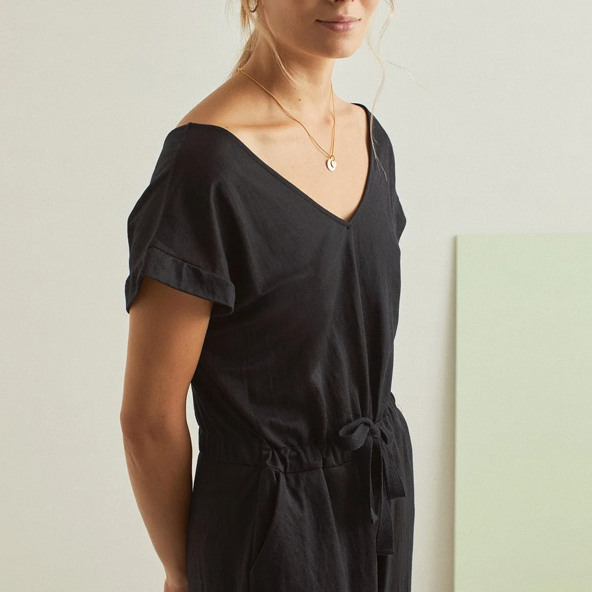 Short-Sleeve V-neck Jumpsuit Black